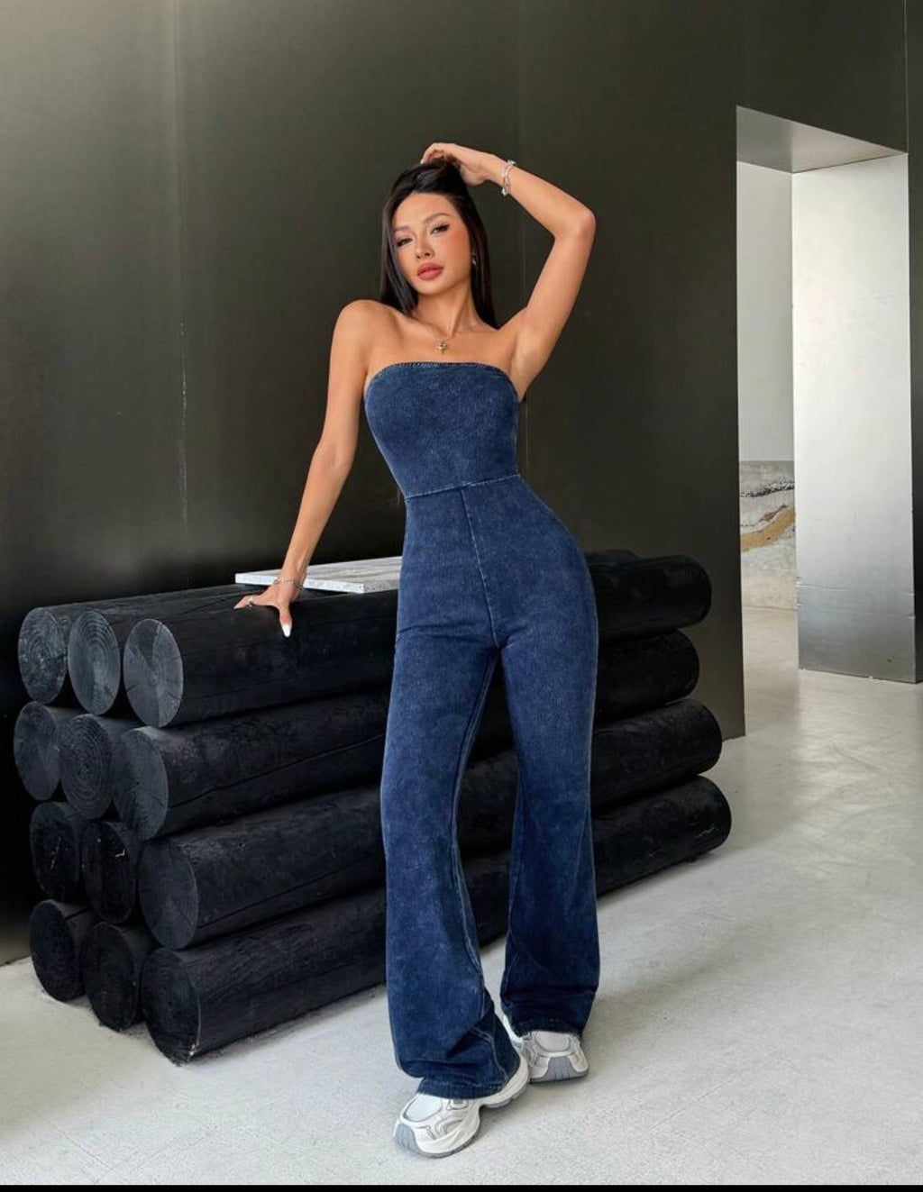 Siren Gaze Women Denim Bib Pants And Jumpsuit Sexy Tight Elastic Strapless Flare Jumpsuit, Blue Summer Casual (XS)