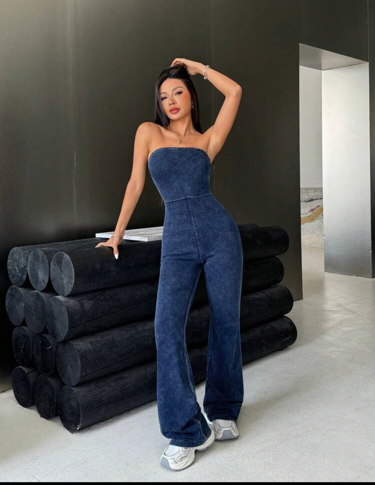 Siren Gaze Women Denim Bib Pants And Jumpsuit Sexy Tight Elastic Strapless Flare Jumpsuit, Blue Summer Casual (XS)