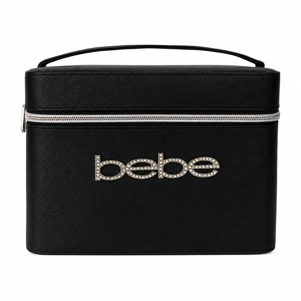 Bebe Black Faux Saffiano Leather Crystal Bling Logo Cosmetics Carryall Zip Train Case w/Handle