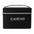 Bebe Black Faux Saffiano Leather Crystal Bling Logo Cosmetics Carryall Zip Train Case w/Handle