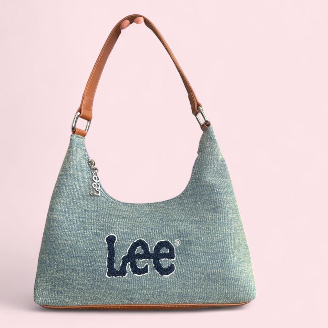 Lee blue denim handbag with brown leather accents