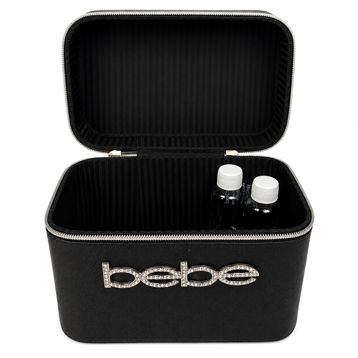 Bebe Black Faux Saffiano Leather Crystal Bling Logo Cosmetics Carryall Zip Train Case w/Handle