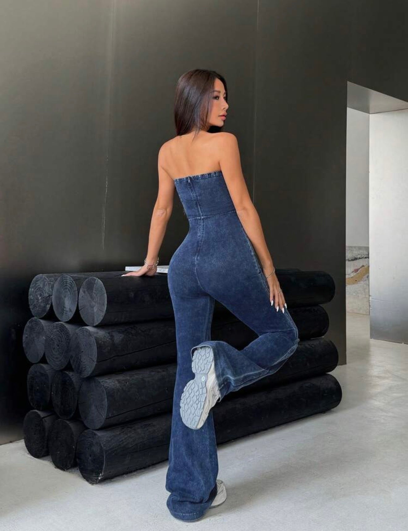 Siren Gaze Women Denim Bib Pants And Jumpsuit Sexy Tight Elastic Strapless Flare Jumpsuit, Blue Summer Casual (XS)
