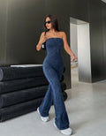 Siren Gaze Women Denim Bib Pants And Jumpsuit Sexy Tight Elastic Strapless Flare Jumpsuit, Blue Summer Casual (XS)